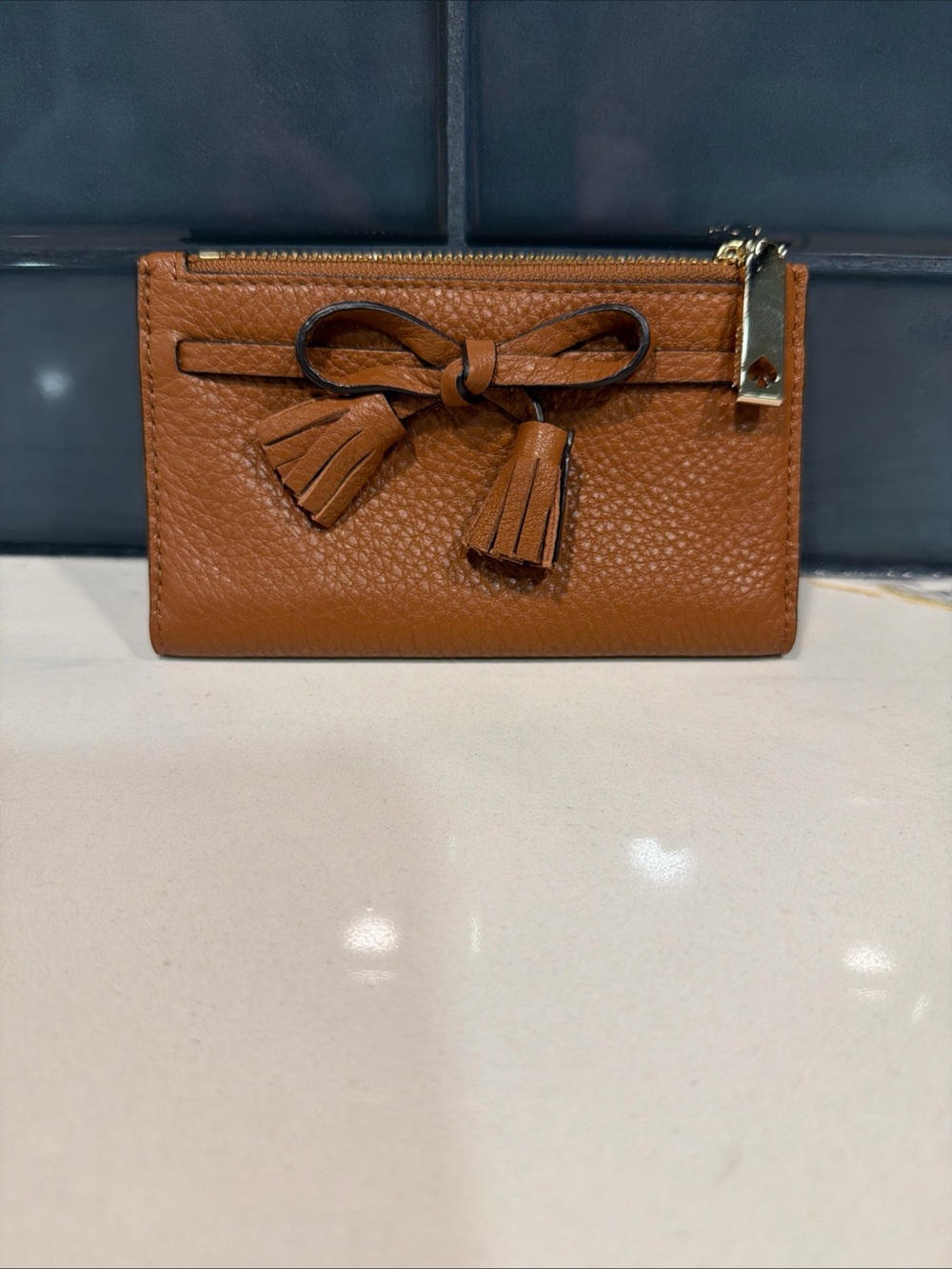 kate spade Pebbled Leather Tassel Card Wallet - Brown